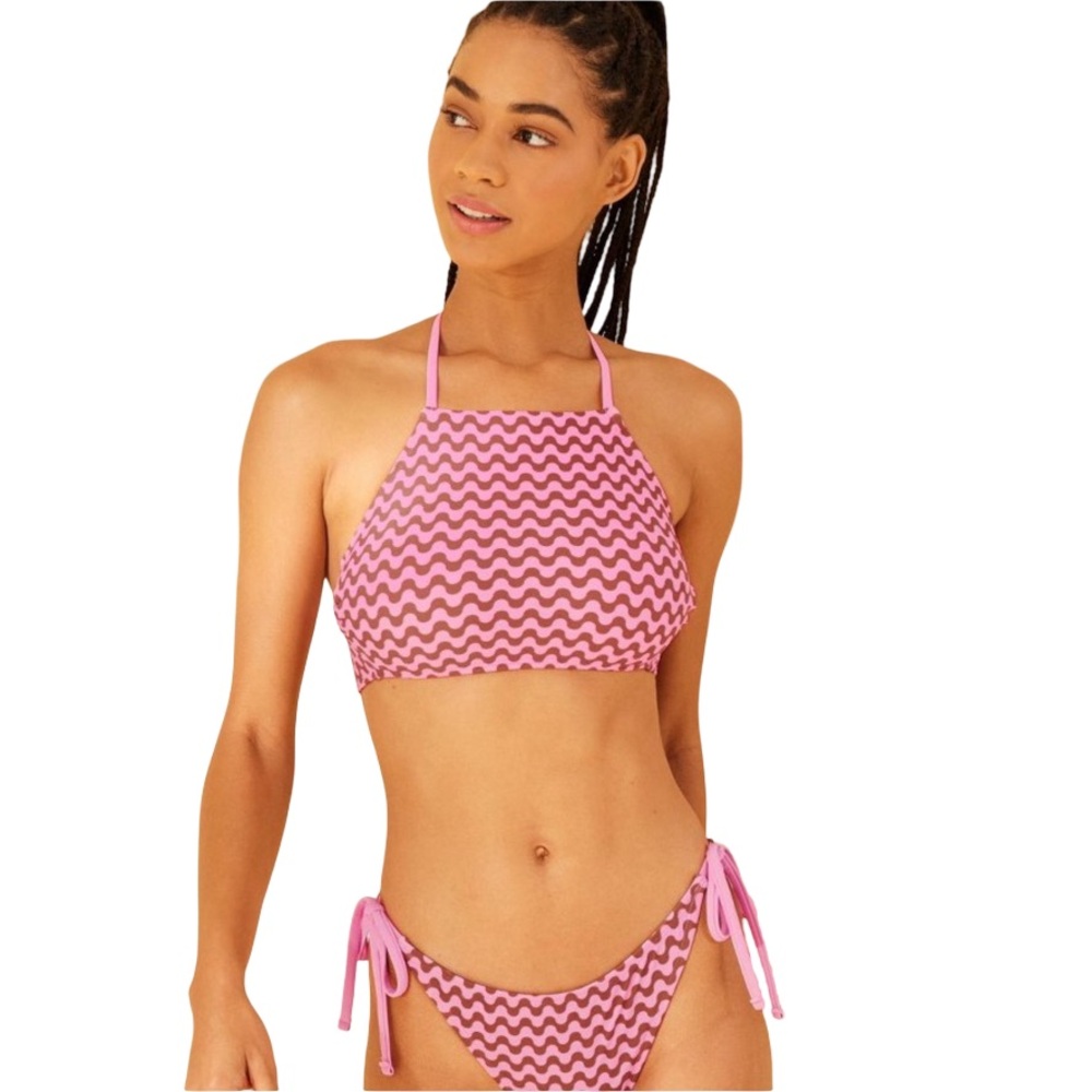 Wild Fable XS Pink & Brown Bikini Set Halter Top Cheeky side tie bottom NWT